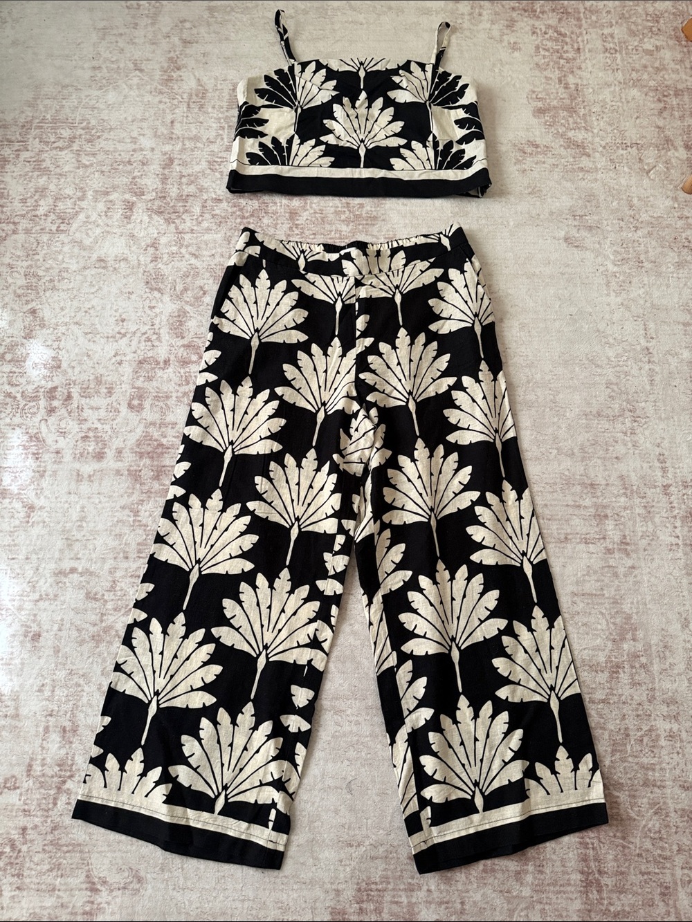 LOFT Black and Cream Floral Crop Top and Wide Leg Pants Set